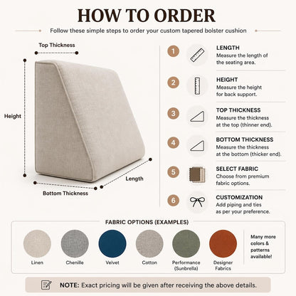 Custom Tapered Bolster Cushion, Lumbar Support Wedge Pillow, Velvet, Chenille, Linen